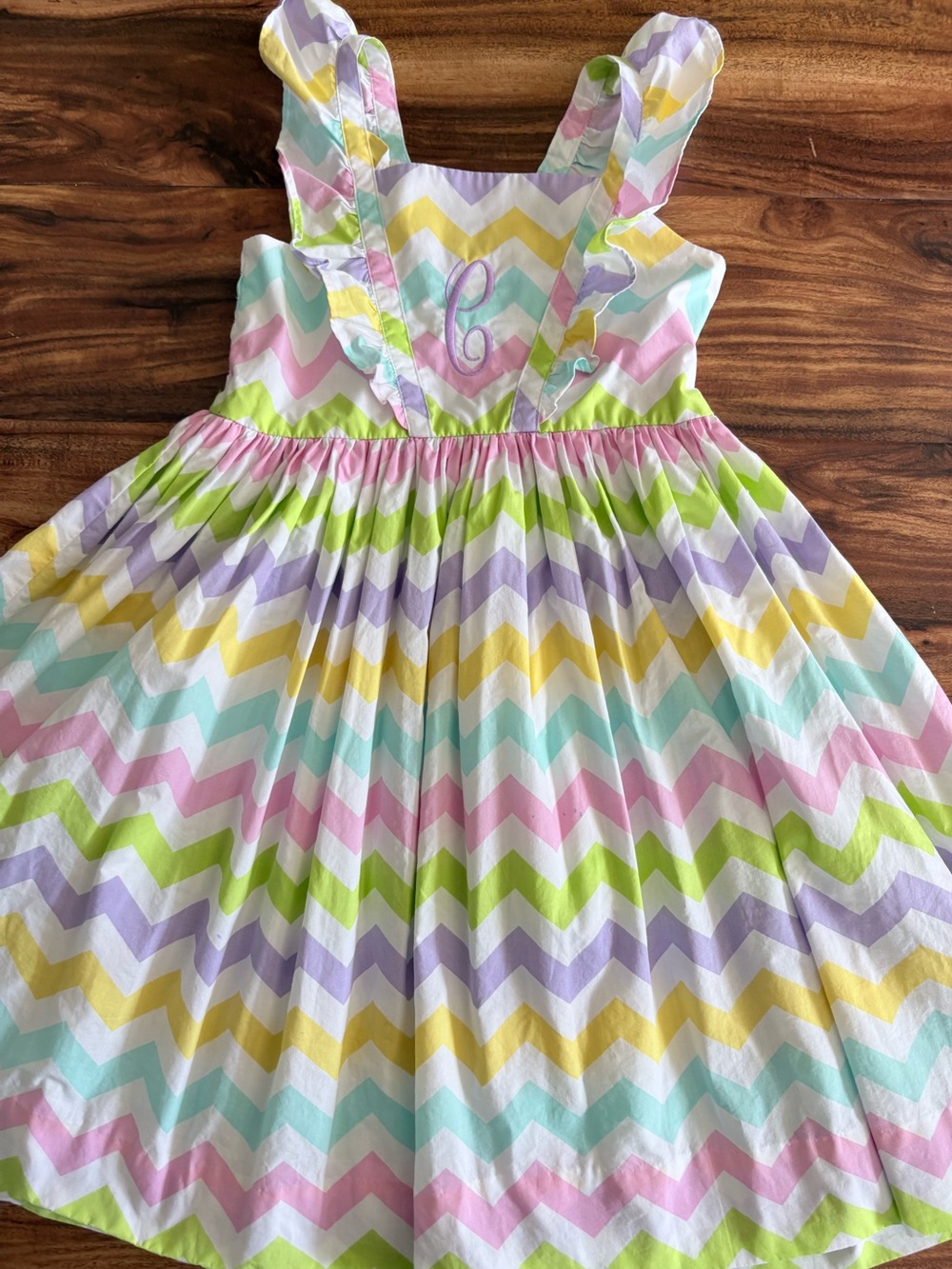 Kelly’s Kids Vintage Girls Pastel Chevron Stripe Easter Dress “C” Monogram 6 7